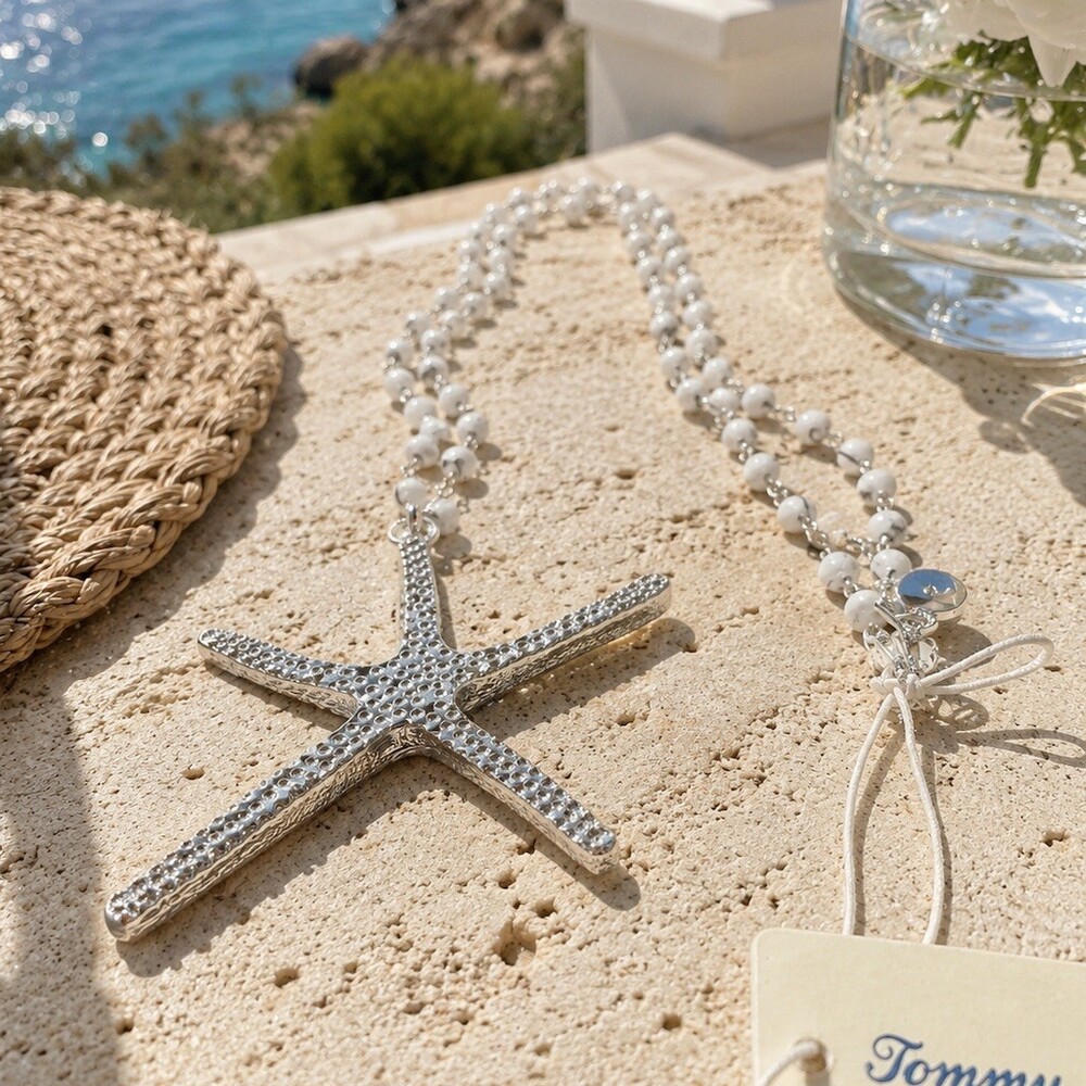 Tommy Bahama Starfish Pendant long Necklace Genuine Stone Beads elegant $80 gift